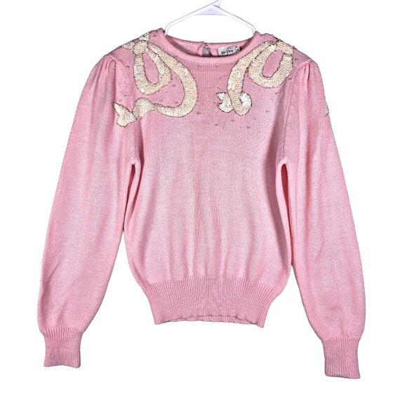 Vintage 80s TanJay Pink Beaded & Sequined Bow Sweater Womens size Small - Picture 1 of 4